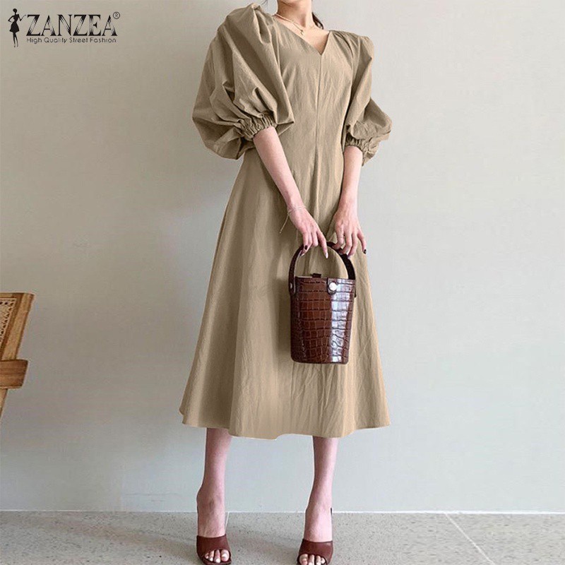 Đầm dài ZANZEA từ cotton kiểu dáng chữ A cổ chữ V tay phồng thời trang đường phố màu trơn cho nữ
