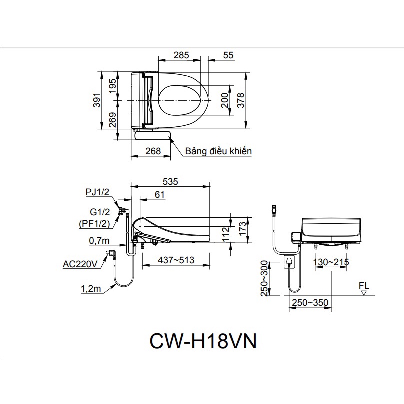 Nắp bệt điện tử Bidet INAX CW-H18VN sưởi – xịt rửa nước ấm – sấy khô