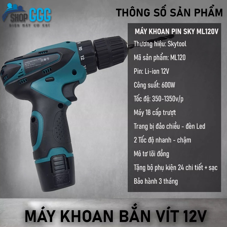 Máy khoan pin 12v ML120H chính hãng GGG - Máy bắn vít không dây đảo chiều - khoan sắt, khoan gỗ - Tặng kèm mũi vít