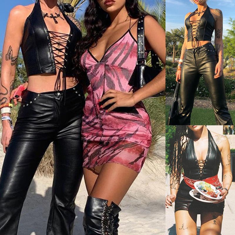 Áo Croptop Giả Da Không Tay Cổ Chữ V Hở Lưng Phong Cách Punk Gợi Cảm Cho Nữ