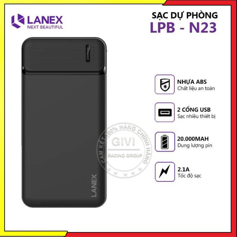 Pin dự phòng Lanex LPB-N23 2 cổng USB 2.1A, 20000mah, có đèn led, tương thích nhiều thiết bị