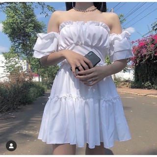 Đầm trắng bẹt vai cup ngực
