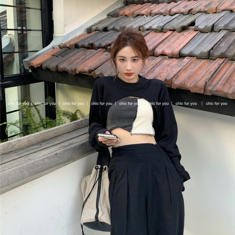 Set áo thun tay dài màu đen + áo khoác không tay phong cách Hàn Quốc | BigBuy360 - bigbuy360.vn