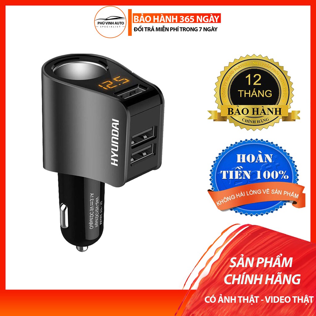 Tẩu sạc-Tẩu Sạc Nhanh ô tô, xe hơi Hyundai Chính Hãng Gồm 1 Tẩu Tròn (3 USB Nhỏ) - Có đèn led báo điện áp ac quy