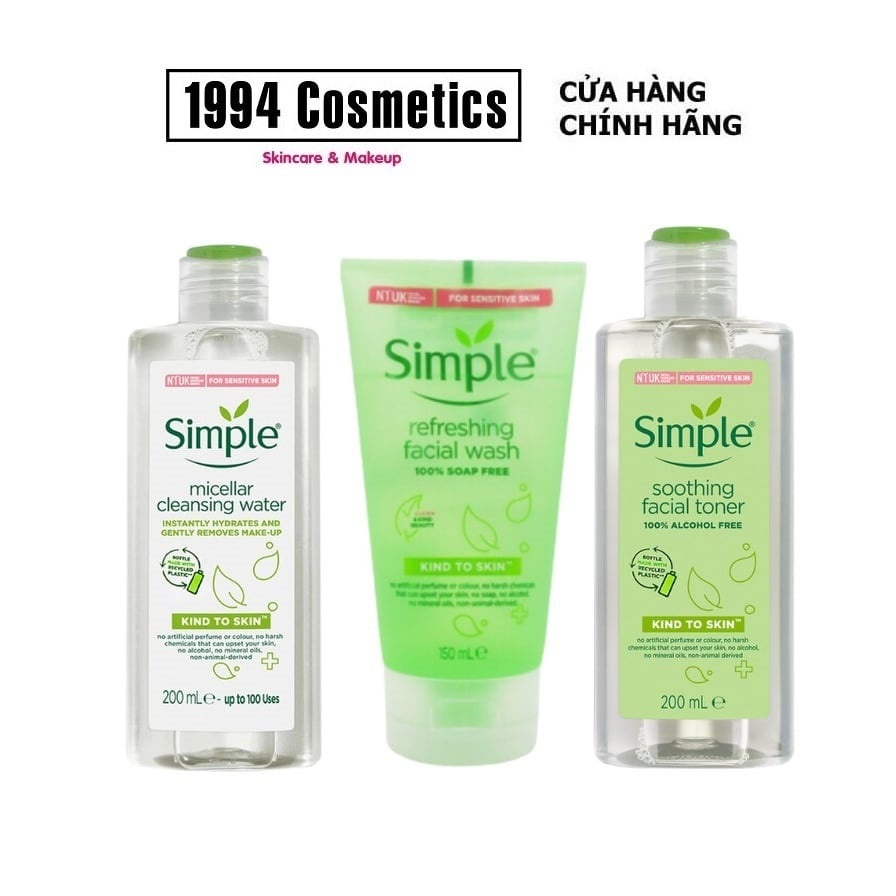 Combo Simple Tẩy trang 200ml + Sữa rửa mặt 150ml + Nước hoa hồng 200ml Chăm sóc da 3 bước cơ bản