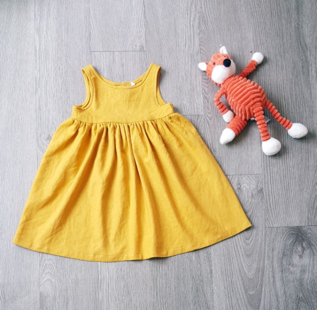 Hanbok linen vàng nơ xanh