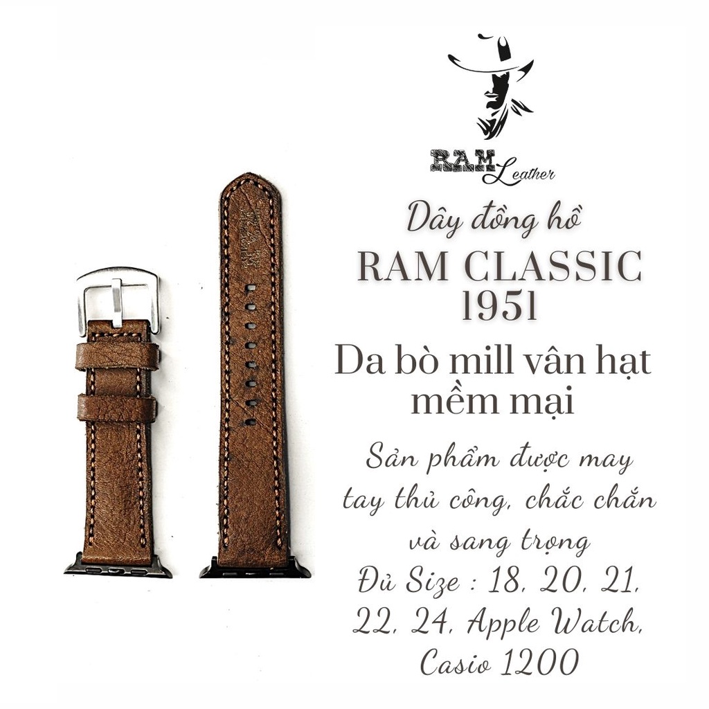 Dây đồng hồ da bò nâu mận cao cấp RAM Leather classic 1951 tặng khóa chốt và cây thay dây