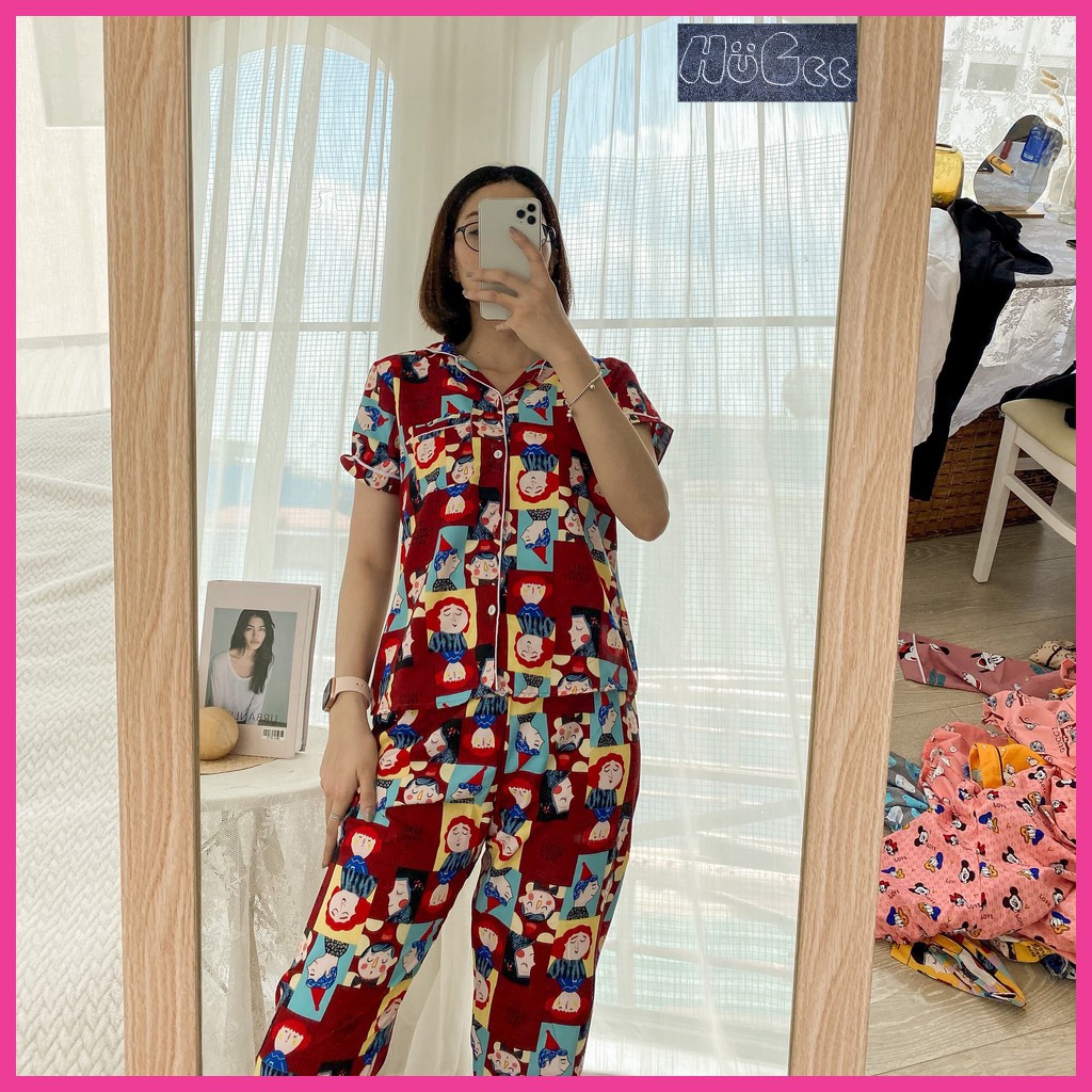 [FREESIZE] Đồ Bộ Quần Áo Ngủ Nữ Mặc Nhà Cộc Tay Pijama HUGEE Chất Vải Kate Thái Loại 1 Màu Đỏ Đô Họa Tiết Cô Gái A0311
