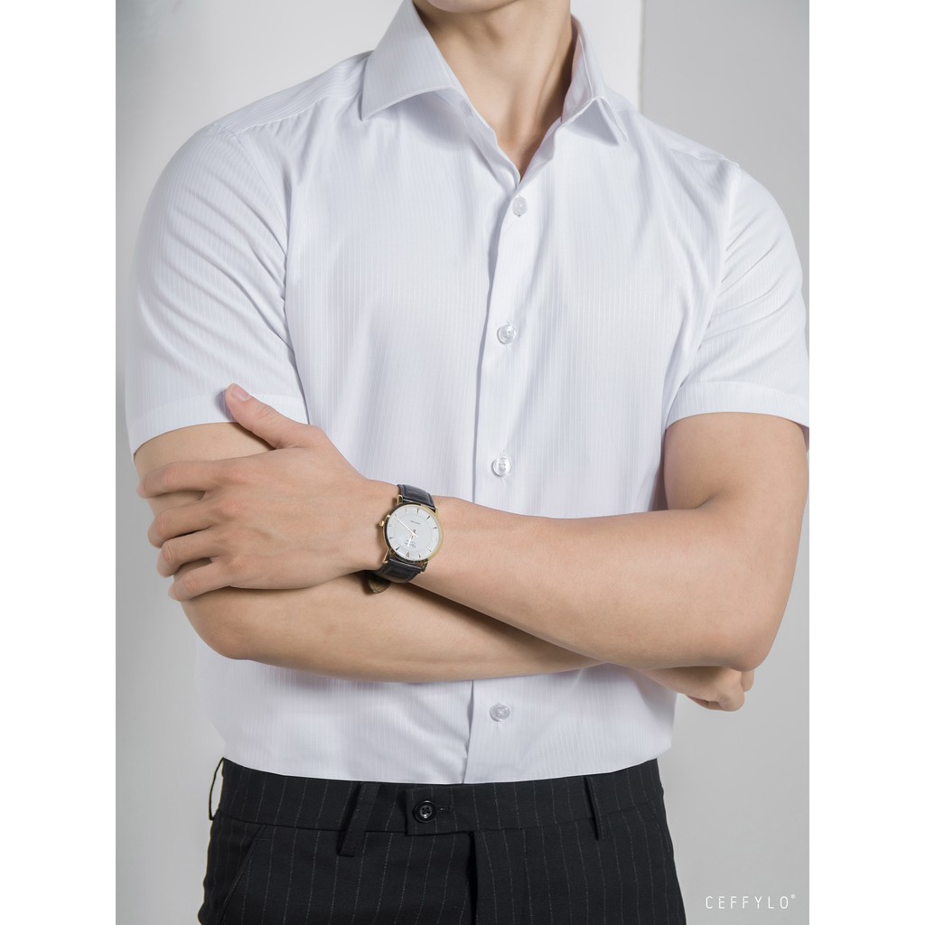Sơ mi nam cộc tay Trắng kẻ sọc cao cấp CEFFYLO chất Cotton thoáng mát, thấm hút mồ hôi