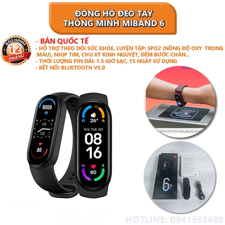 [Bản quốc tế] Đồng Hồ Thông Minh Xiaomi Mi Band 6 smart watch đo nồng độ oxy trong máu SpO2