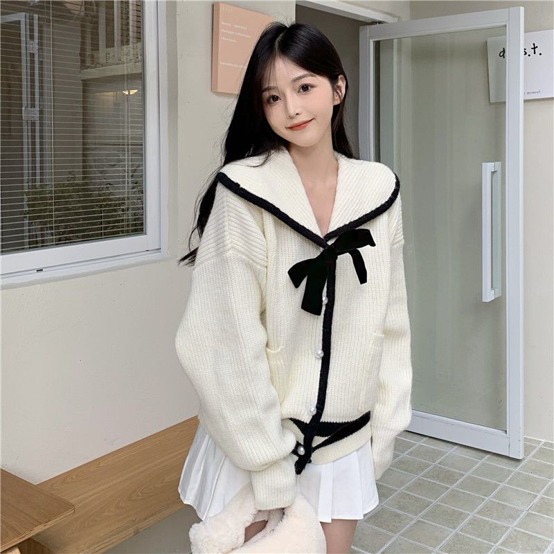 Áo Khoác Sweater Dệt Kim Dày Dặn Đính Nơ Thời Trang Thu Đông Hàn Quốc Mới