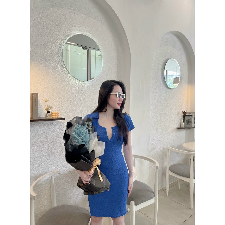 Đầm xốp tv cổ bẻ cài nút ôm body xẻ tà sexy , chất thun xốp dày dặn