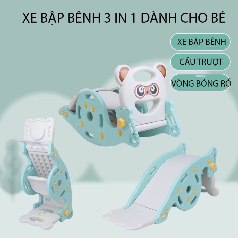 Xe Gấu Bập Bênh 3 IN 1, Xe Bập Bênh, Cầu Trượt, Cột Bóng Rổ. Đồ Chơi Thông Minh Cho Bé