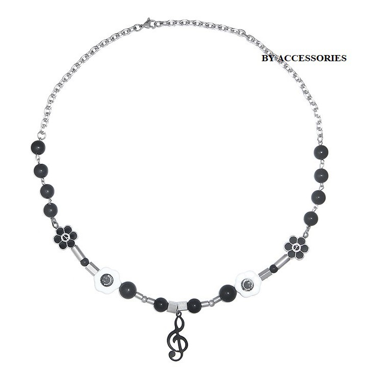 Dây chuyền titan hiphop chuỗi hoa mặt cười khóa nhạc