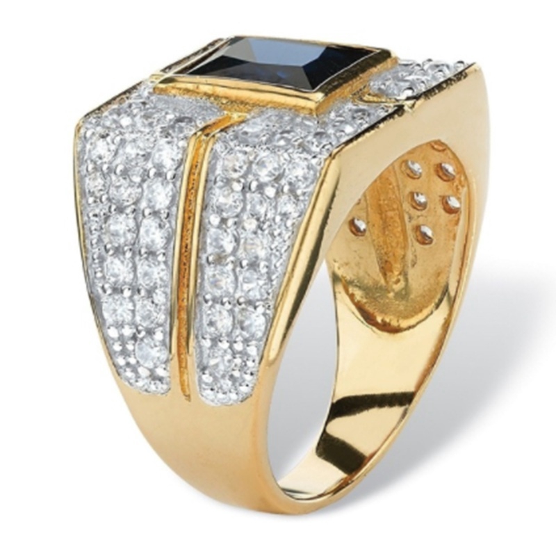 Nhẫn đeo tay màu vàng đính đá Sapphire xanh dương thời trang dành cho nam giới