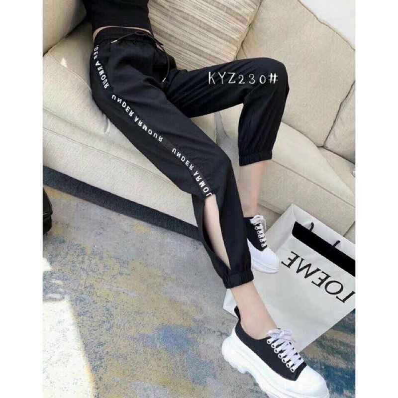 Quần jogger đũi baggy chun bo gấu phối lưới in CHỮ cao cấp [HOT TREND]