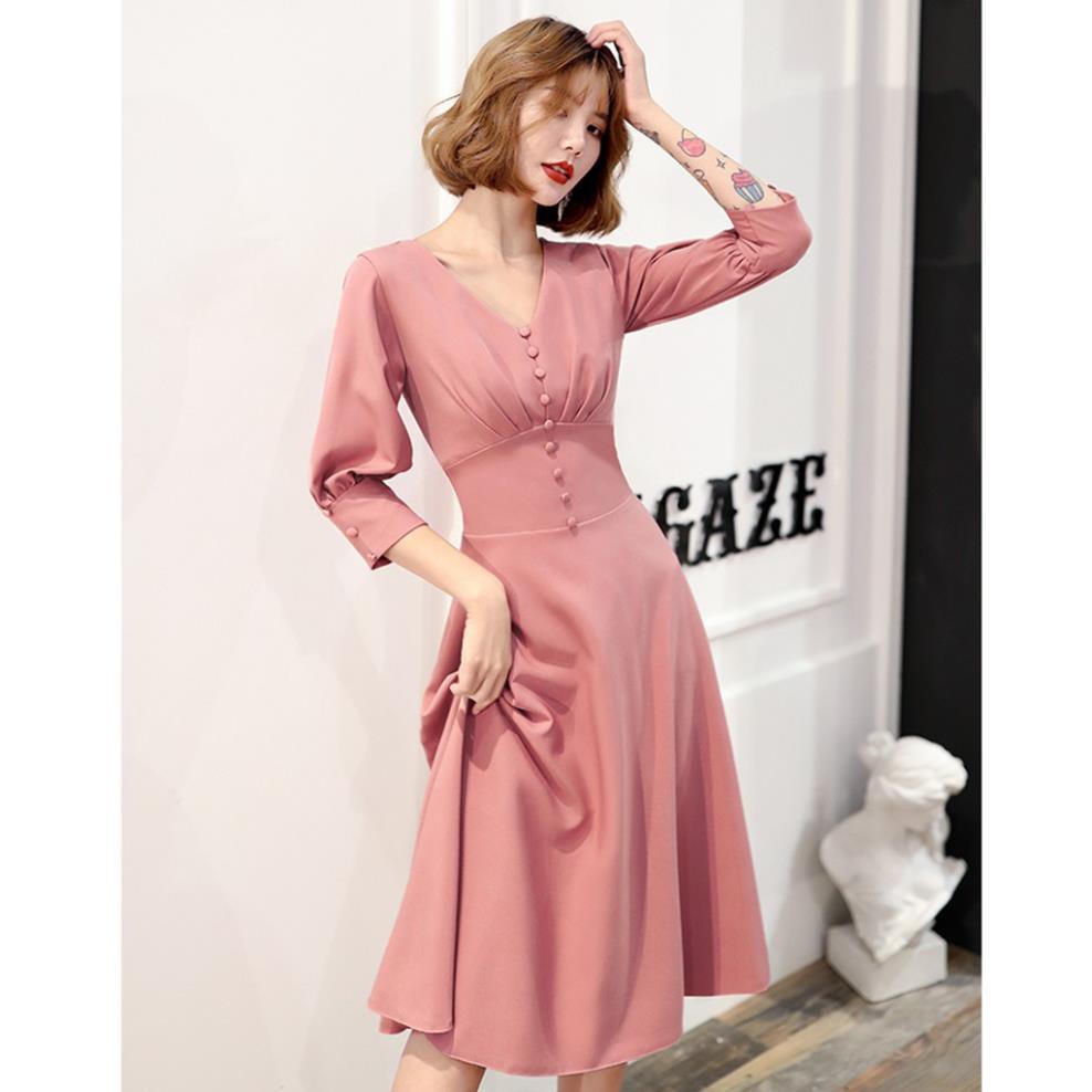 ĐẦM ĐẦM DÁNG XÒE | VÁY CÔNG SỞ HỒNG ĐÍNH NÚT | BigBuy360 - bigbuy360.vn