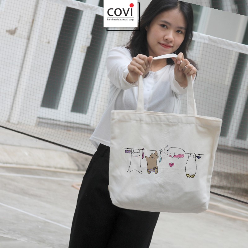 Túi Tote Vải Canvas Chữ Nhật Ngang In Hình Thời Trang COVI Màu Đen Và Mộc T40