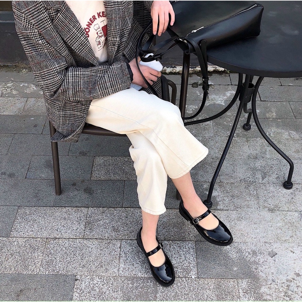 Giày búp bê nữ basic Mary Jane vintage đen da bóng