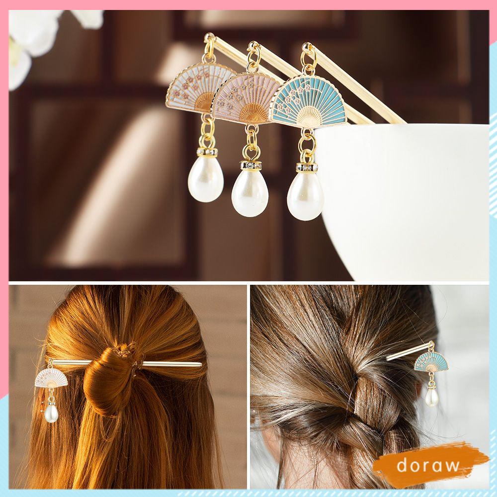 Trâm cài tóc hình quạt đính ngọc trai giả cổ điển phong cách Trung Hoa