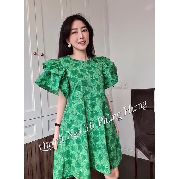 Đầm lụa Thái hoa xanh lá thiết kế cao cấp giật tag freesize