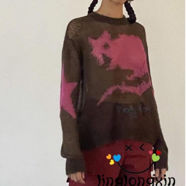 Áo Sweater Dệt Kim Linglongxi2-Y2K Aesthetics Họa Tiết Ngôi Sao Năm Cánh Phong Cách Harajuku Retro Harajuku Grunge Goth