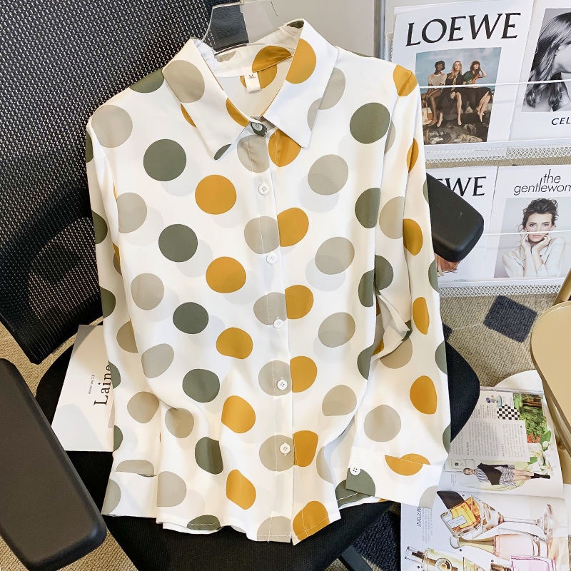 Áo Sơ Mi Tay Dài Họa Tiết Chấm Bi Phong Cách Hàn Quốc Thời Trang Cho Nữ