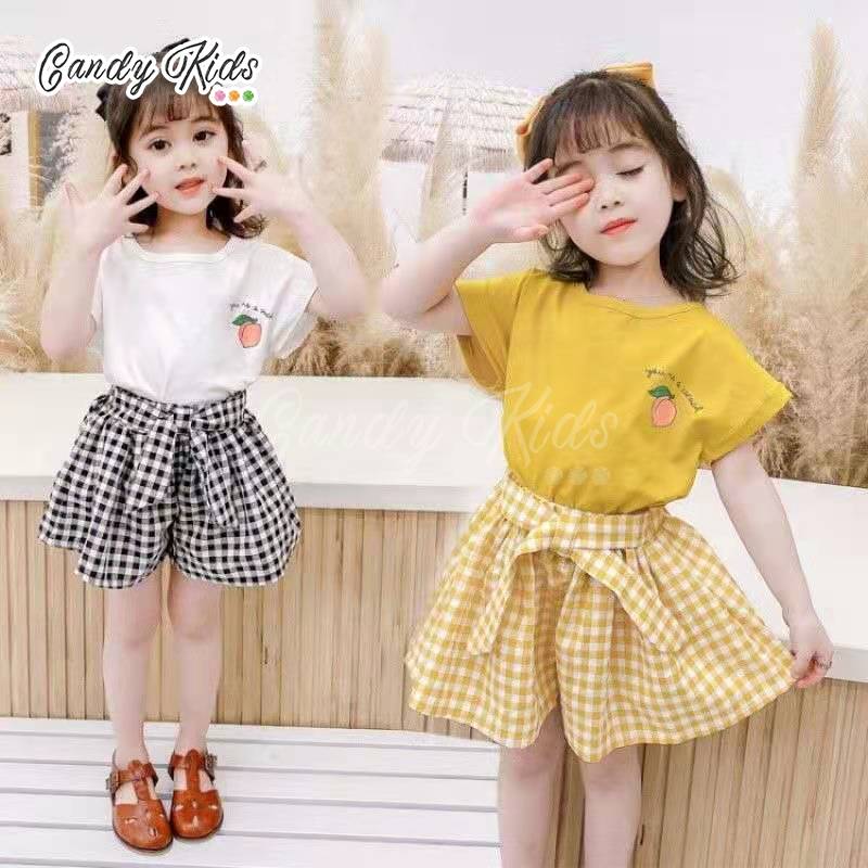 Set Áo Thun Tay Ngắn &amp; Quần Short Caro Cho Bé Gái Từ 2-8 Tuổi