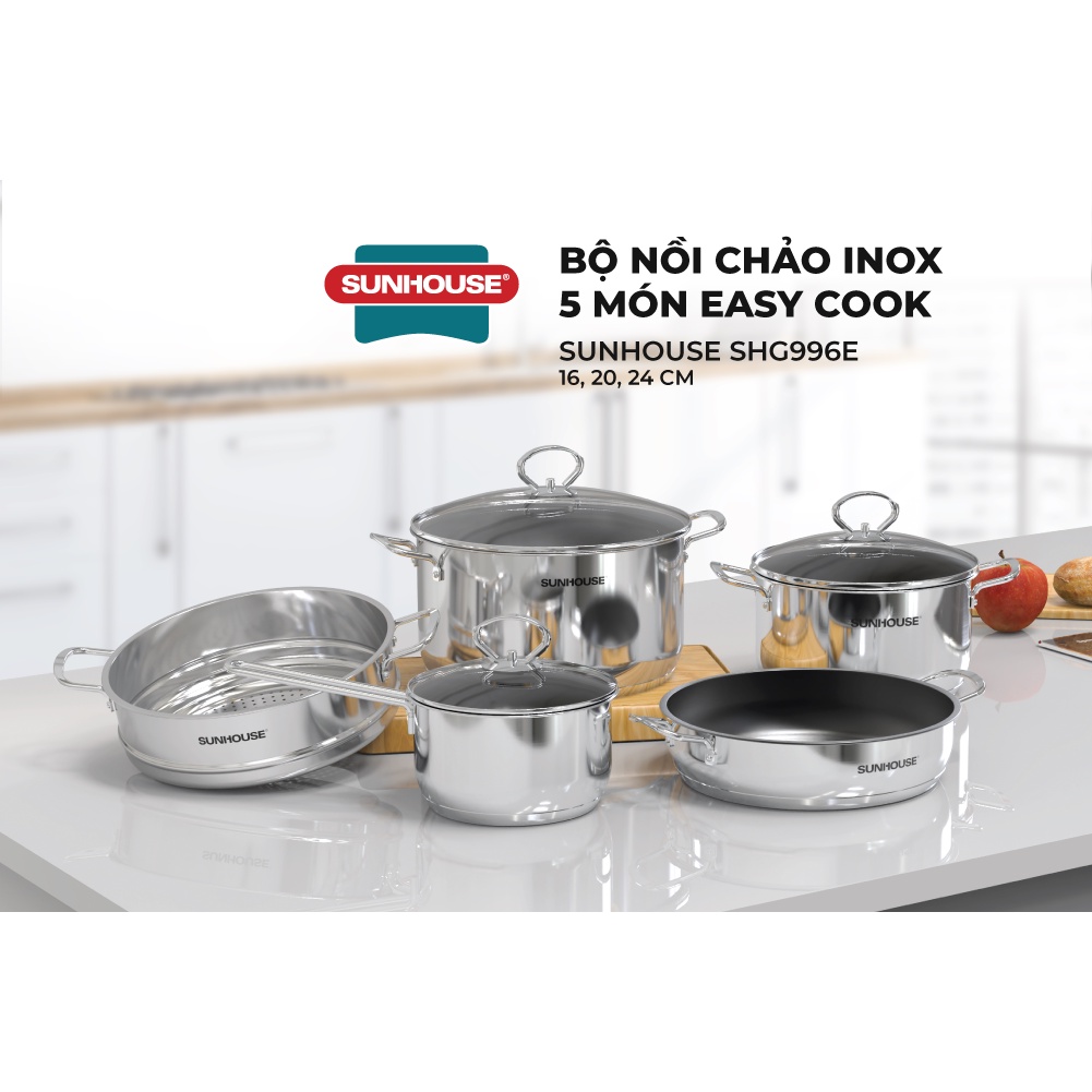 [Mã LIFEHL25 giảm 10% đơn350K] Bộ nồi chảo inox 5 món Easy Cook SUNHOUSE SHG996E