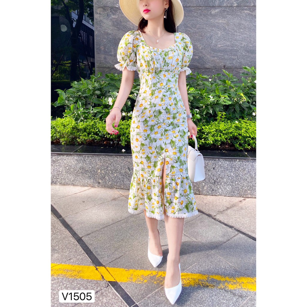 Váy xanh hoa cúc trắng đuôi cá V1505 (Kèm ảnh thật do shop tự chụp) | BigBuy360 - bigbuy360.vn