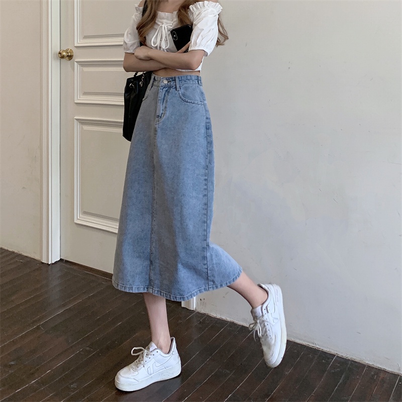 Chân váy jean SUXI lưng cao dáng chữ A thiết kế xẻ tà phong cách cổ điển cá tính dành cho nữ