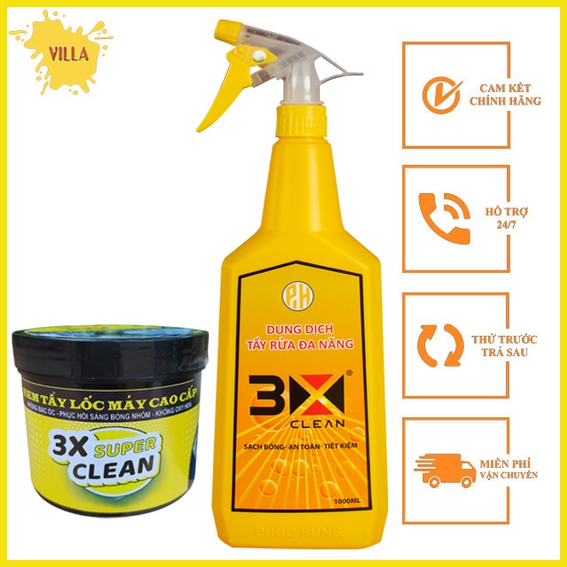 Dung Dịch Rửa Xe Đa Năng 3 X Clean và Kem Tẩy Rỉ Sét Lốc Máy Không Đen Nhôm 3x Super Clean