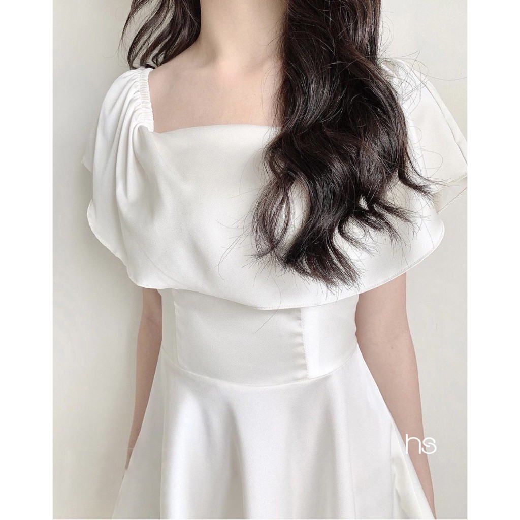 Đầm Trắng Nữ Chun Vai Cổ Vuông 🦋 Váy Nữ Eo Thun Cộc Tay Chất Đũi Dáng Xòe 🦋 | BigBuy360 - bigbuy360.vn