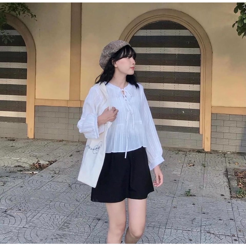 Set áo babydoll trắng buộc dây dáng croptop kèm quần váy xếp ly Ulzzang - có tách set
