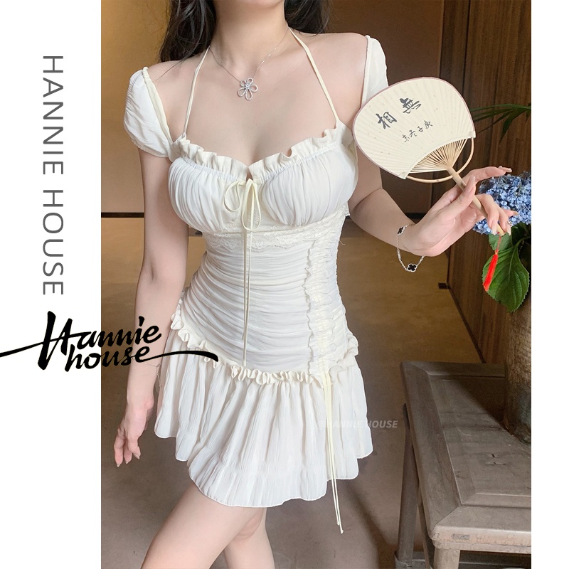 Đầm Tay Ngắn Màu Trắng Phối Dây Rút Thời Trang Mùa Hè Quyến Rũ Cho Nữ
