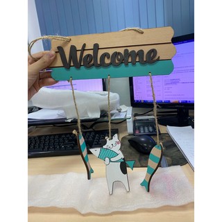 Bảng gỗ WELCOME mèo ôm cá