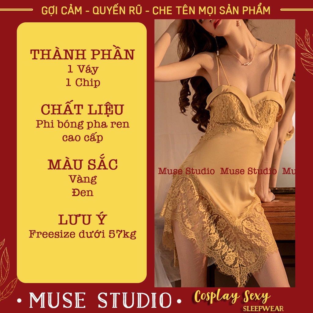 Váy ngủ sexy, đầm ngủ hai dây gợi cảm vải satin phối ren ngực và hông