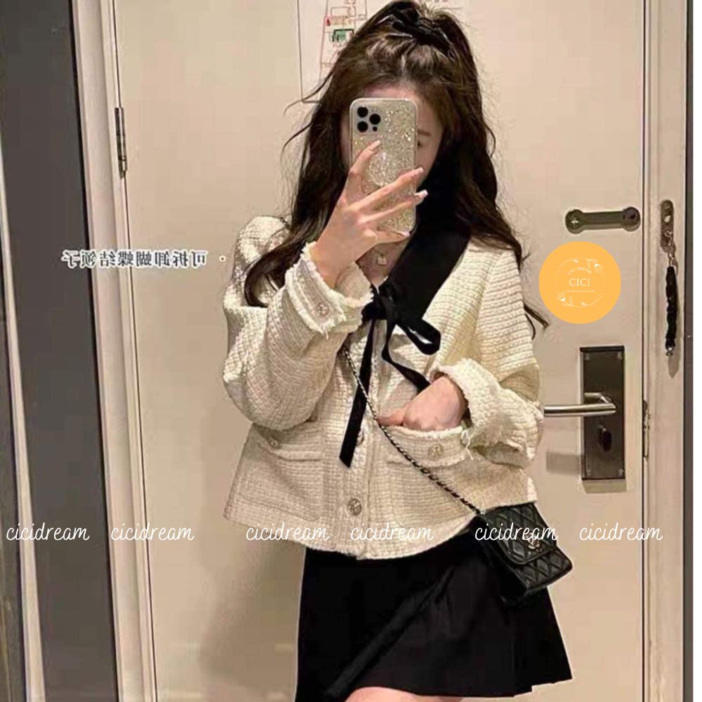 Áo dạ dáng ngắn cổ thắt nơ  , ạo dạ trắng cổ đen thắt nơ