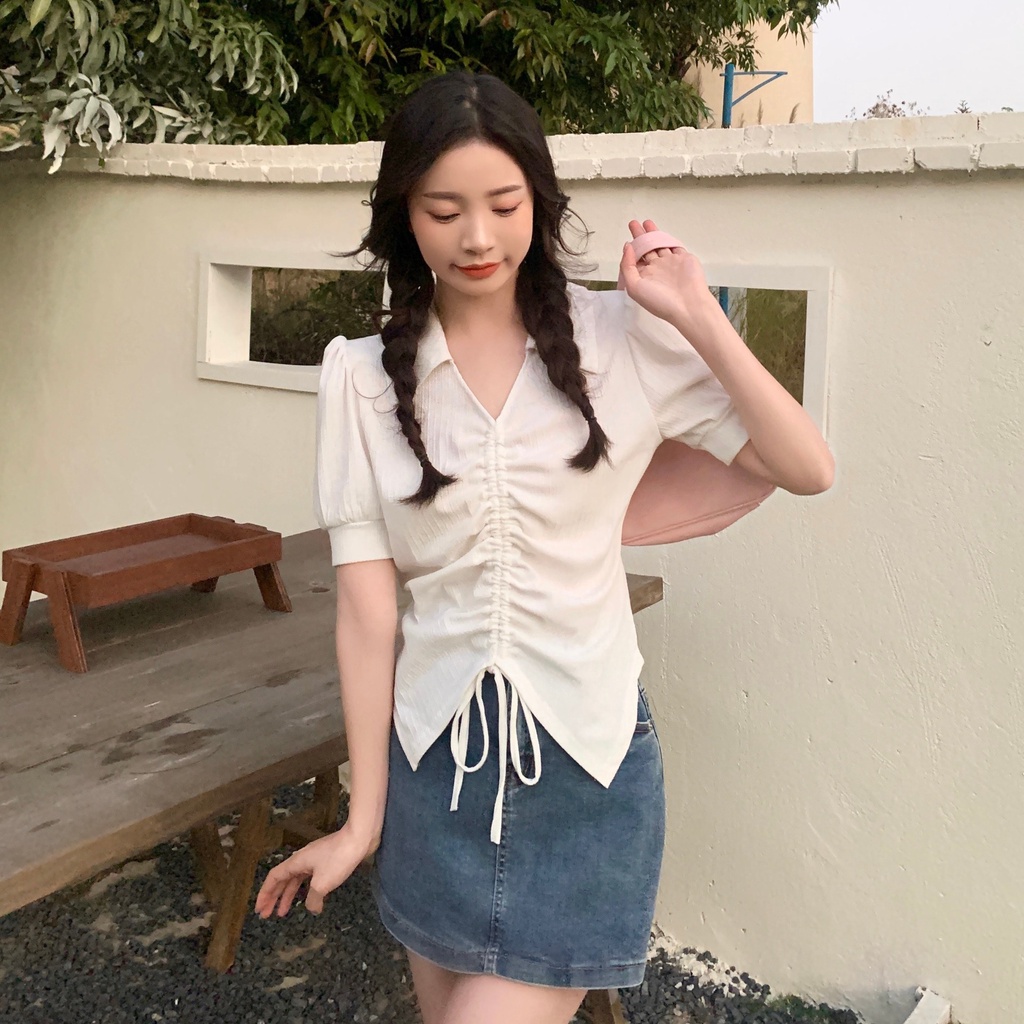 Áo polo Ngắn Tay Cổ Chữ V Dáng Ôm Phối Dây Rút Thời Trang Mùa Hè Cho Nữ