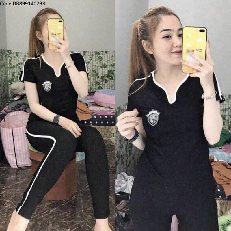 Set Đồ Cotton Dáng Thể Thao Nữ - Cổ Tim Nhỏ - Logo Thêu - SP Y Hình