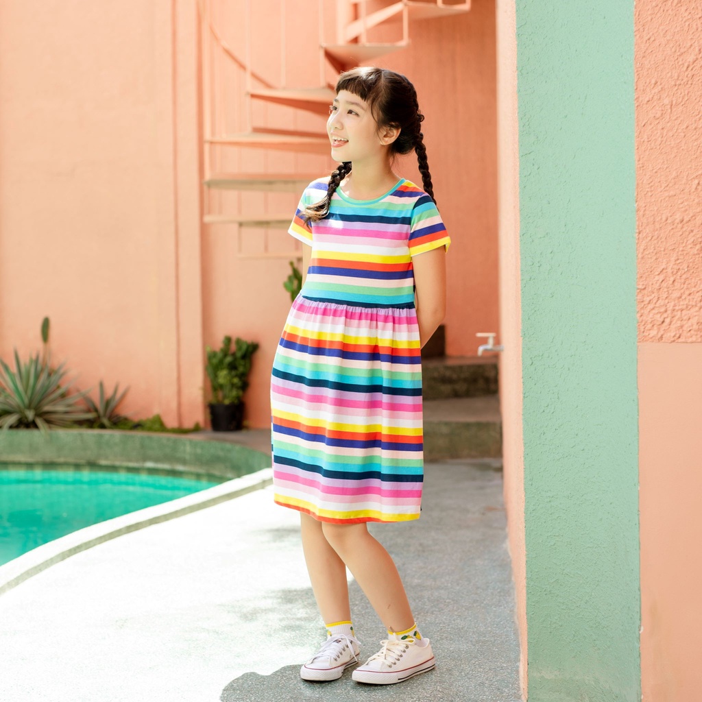 Đầm cho bé gái in sọc trắng, váy đầm bé gái 100% cotton thoáng mát, 20-40 kg, KYO293, K5