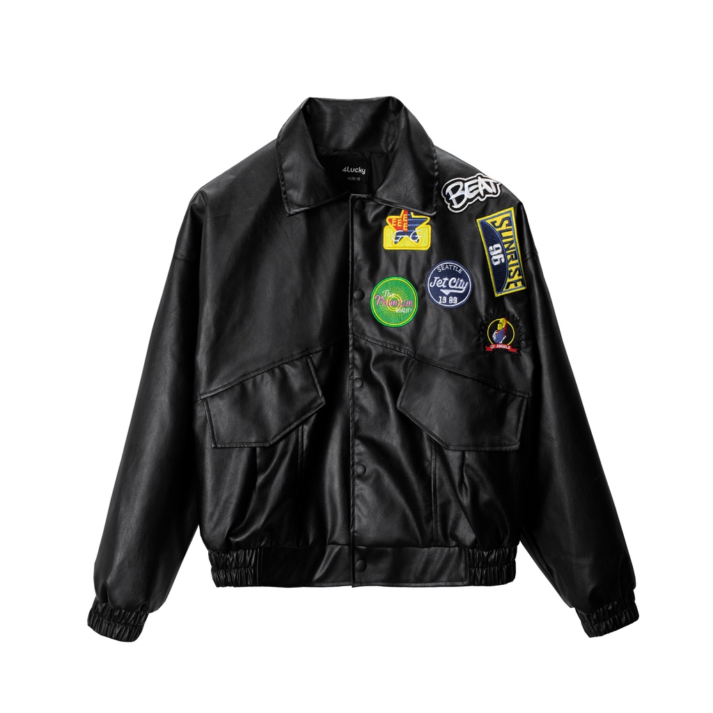 Áo khoác bomber da thêu logo unisex 6104 4lucky, form rộng chất da mịn