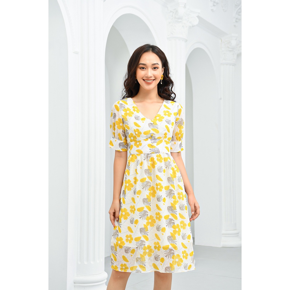 Váy Thiết Kế Nữ Hoa Vàng LUPERI LFV3203 Vải Đũi Hàn Thoáng Mát Cho Bạn Nữ Đi Làm Đi Chơi Đi Dạo Phố