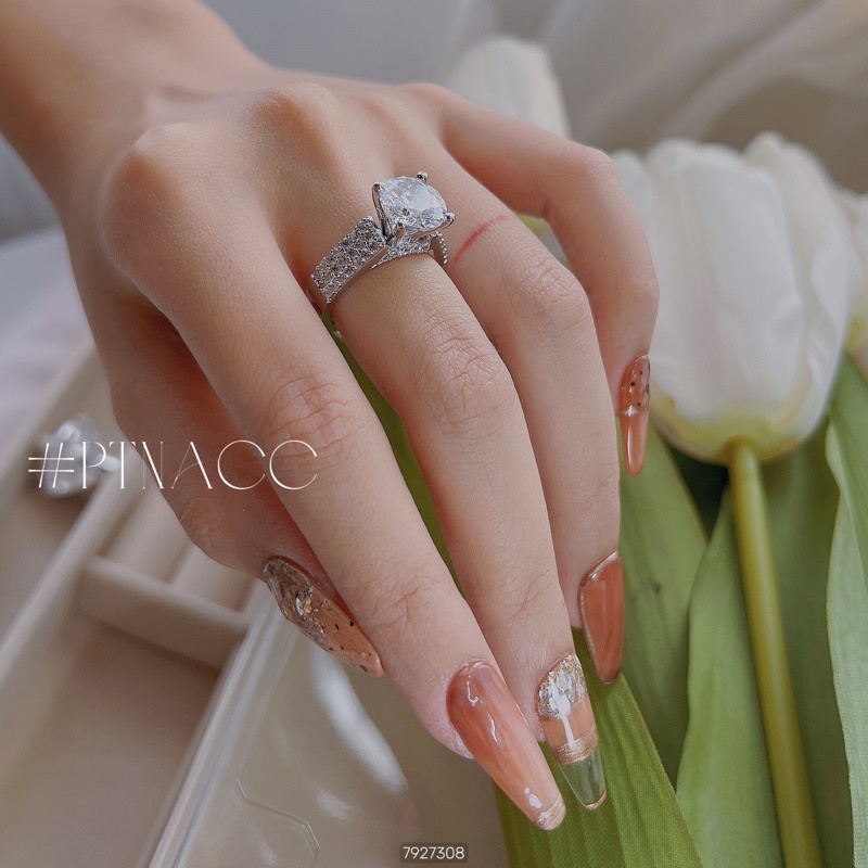 Nhẫn xi bạch kim đơn giản, nhẫn nữ đá tròn basic .PTNACC.