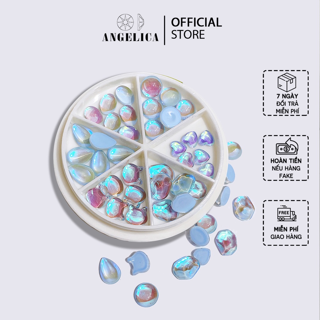 Set Mix Đá Mắt Mèo Xanh Dương Nhạt Nail Chân Vàng Trang Trí Móng ANGELICA DMM36V