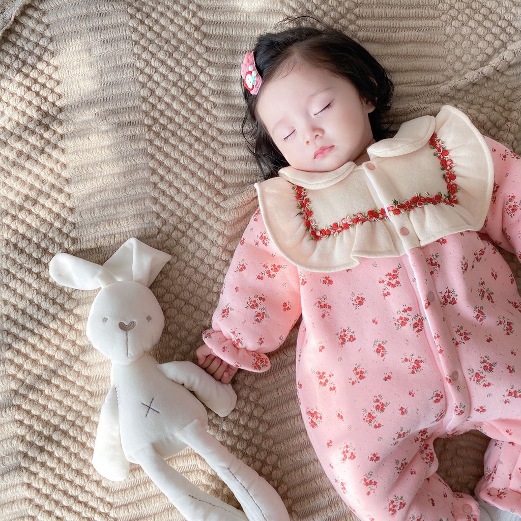 Áo liền quần Sanlutoz bằng cotton họa tiết hoa phong cách công chúa mùa đông cho trẻ em