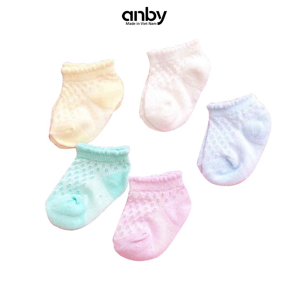 Set 5 đôi tất lưới trẻ em ANBY màu trơn cotton chống trượt cho bé từ sơ sinh đến 1 tuổi