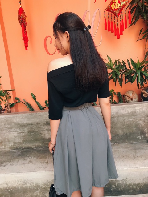 Quần váy midi ống rộng, phối thun sau lưng, kèm hình thật