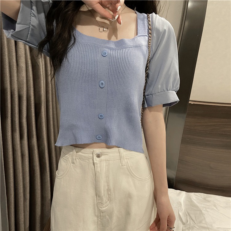 Áo thun ZHELIHANGFEI dệt kim tay phồng cổ vuông thời trang mùa hè dành cho nữ