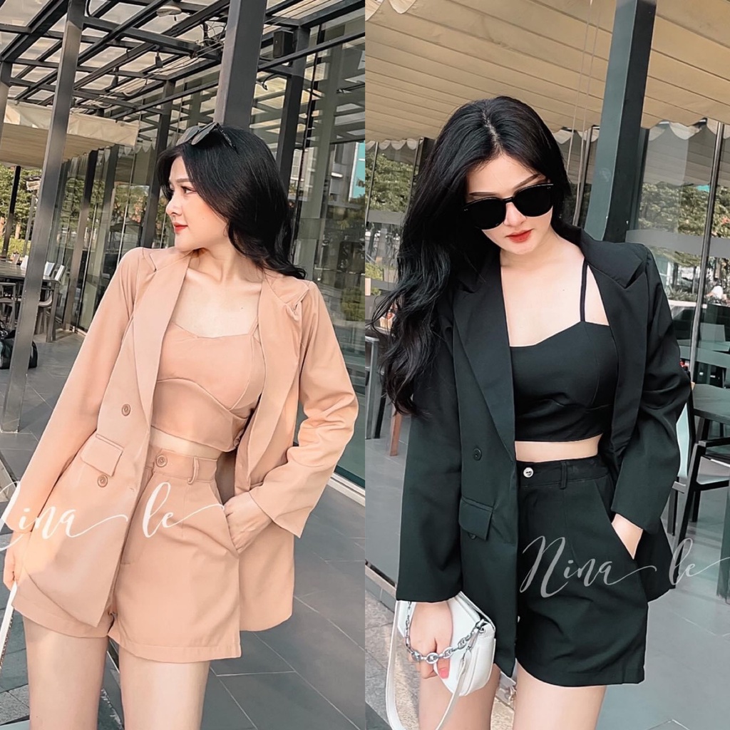 Set bộ 3 món áo croptop kèm quần đùi phối áo khoắc vest thời trang nữ sang chảnh